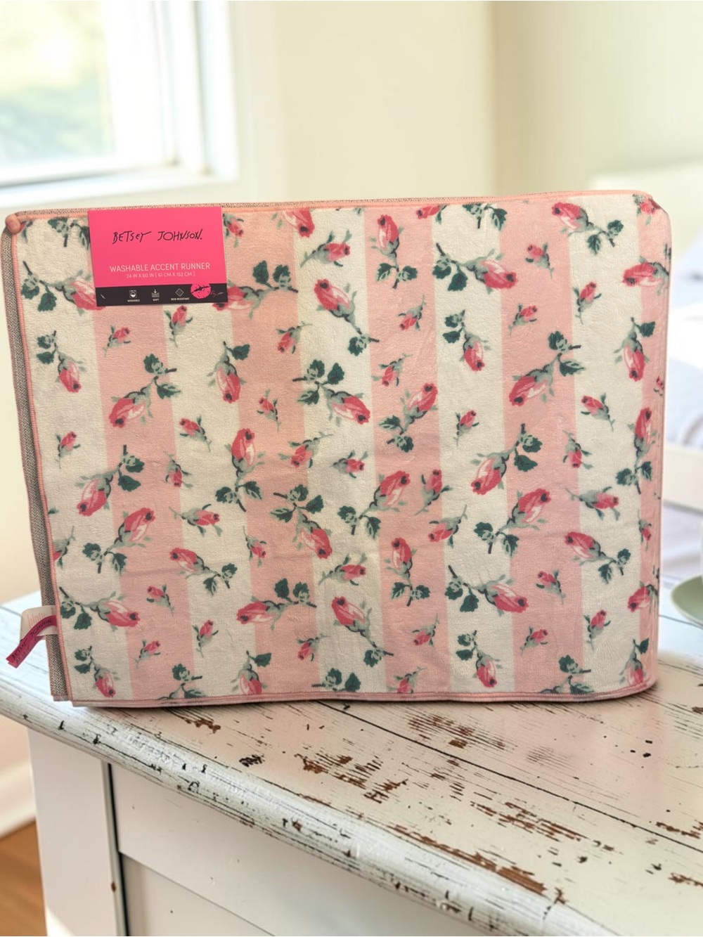 Betsey Johnson Pink Floral Stripe Washable Accent Runner Rug 24x60 NWT